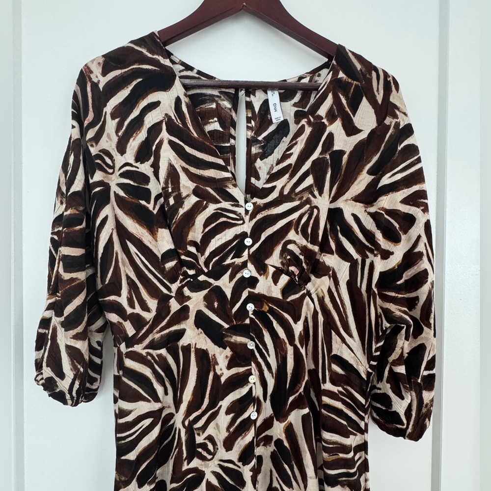 Mango Brown and Cream Leaf-Print Midi Dress - Picture 5 of 13